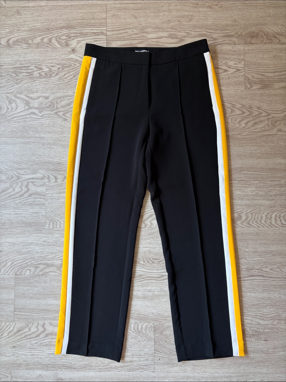 Brand New! Karl Lagerfeld Paris Black Trousers with Yellow & White Side Stripes